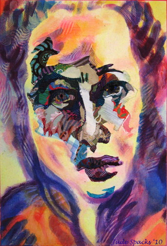 Portrait in fabric collage and paint